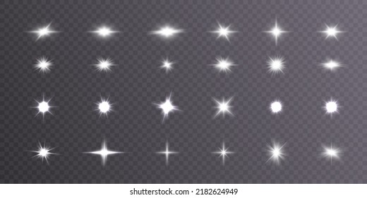 Glowing stars of white light on a transparent background. Blurred light vector collection.