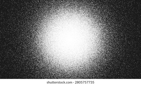 Glowing stippling particle cloud created from thousands of individual tiny dots. Grainy black and white background with soft granular texture. Bright luminous center fading into black space for posters, covers, banners and graphic design. Stippling artwork with glowing white particle cloud in darkness inspired by cosmic dust, nebula, celestial light, atmospheric particles and infinite space. Vector illustration