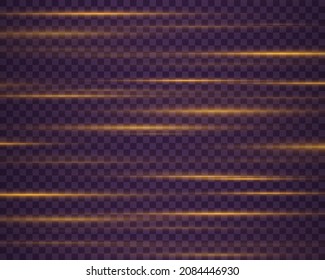 Rasgos brillantes sobre fondo oscuro. Bonitas bengalas. Vigas láser, rayos de luz horizontales. Bonitas bengalas.