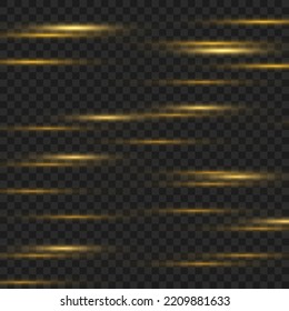 Glowing streaks on dark background. Beautiful light flares. Laser beams, horizontal light rays. Beautiful light flares. Yellow horizontal lens flares pack.