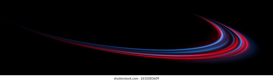 Glowing stream curve. Red and blue arcs flow with layered depth on black. Motion sweep, vibrant transition, abstract pulse.