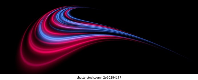 Glowing stream. Pink and blue light waves blend into sharp motion. Futuristic arc, speed flow, energetic neon trail.