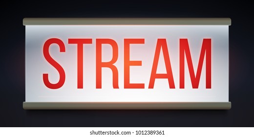 Glowing stream sign isolated on dark wall. Realistic vector illustration. Lightbox with message on the wall.
