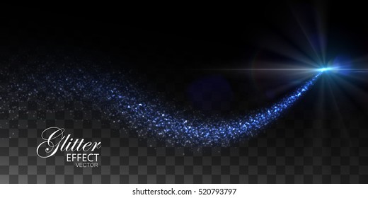 Glowing stream of sparkles and light rays. Abstract vector illustration of sparkling glitter stream isolated on checkered transparent background. Light glowing burst effect