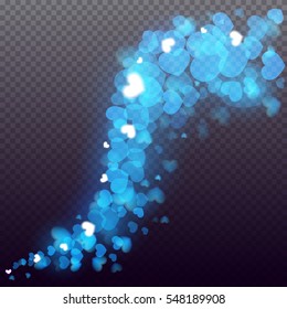 Glowing stream wave of sparkling blue hearts on transparent background. Realistic particle glitter effect. Bright design element for decoration holidays valentine's day.
