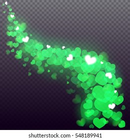 Glowing stream wave of sparkling green hearts on transparent background. Realistic particle glitter effect. Bright design element for decoration holidays valentine's day.