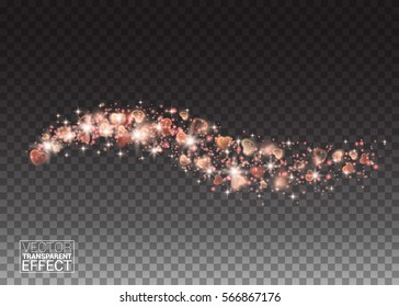 Glowing stream wave of sparkling red hearts on transparent background. Bright design element for decoration holidays valentine's day. Realistic particle glitter effect.