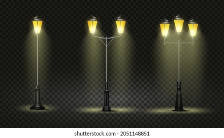 Glowing street lights isolated. Vintage lighting in glass bells on curly iron pillars elegant triple and double retro vector lanterns