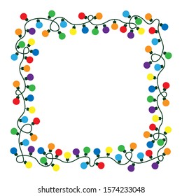 Glowing string bright color light bulb garlands border, frame. Vector illustration on white background