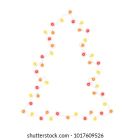 Glowing string light bulb garland in Christmas fir tree shape isolated on black background. Vector illustration of realistic New Year party decoration with transparency. Glowing light for card design.