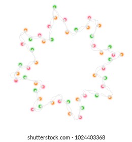 Glowing string light bulb garland in star shape isolated on black background. Vector illustration of realistic New Year party decoration with transparency. Glowing light for card design.