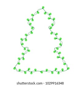 Glowing string light bulb garland in Christmas fir tree shape isolated on black background. Vector illustration of realistic New Year party decoration with transparency. Glowing light for card design.