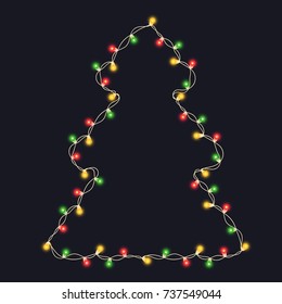 Glowing string light bulb garland in Christmas fir tree shape isolated on black background. Light bulb decor. Realistic New Year party decorations with transparency. Glowing light for card design