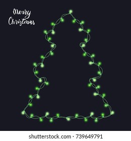 Glowing string light bulb garland in Christmas fir tree shape isolated on black background. Green decor. Realistic New Year party decorations with transparency. Glowing light for card design