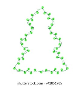 Glowing string light bulb garland in Christmas fir tree shape isolated on white background. Green decor. Realistic New Year party decorations with transparency. Glowing light for card design.