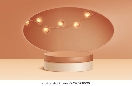 Glowing string light bulbs illuminating brown cylinder podium - warm golden spherical orbs connected by delicate wires shining over platform. Elegant pastel background with soft lighting effect.