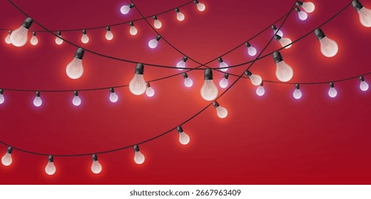 Lâmpadas de corda brilhantes sobre fundo vermelho