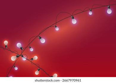 Glowing string light bulbs on red background