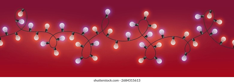 Glowing string light bulbs on red background