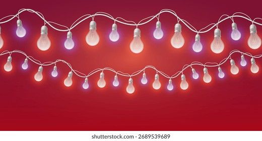 Glowing string light bulbs on red background
