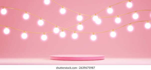 Glowing string lights with fuzzy bulbs on golden wires under cylinder podium on pastel pink background. Empty rose pedestal with festive illumination garland Holiday and party decor with soft bokeh.