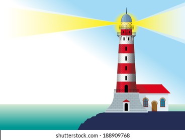 glowing striped lighthouse standing on a rock by the ocean