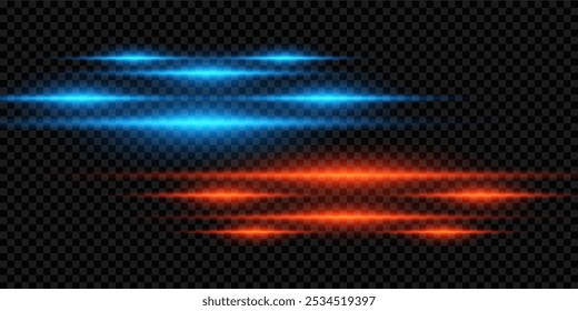 Glowing stripes of light. Neon horizontal highlights. Flare effect. On a transparent background.