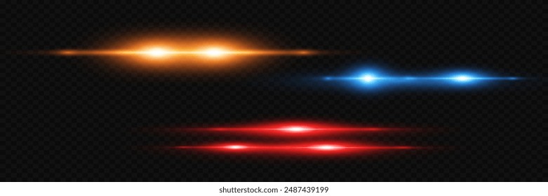 Glowing stripes on a dark background.Neon lines isolated on a transparent background. Speed ​​of light.Red-blue lines of speed and light.Vector.