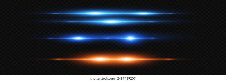 Glowing stripes on a dark background.Neon lines isolated on a transparent background. Speed ​​of light.Red-blue lines of speed and light.Vector.