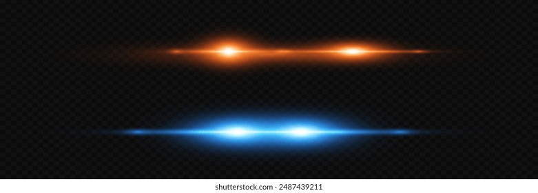 Rayas brillantes sobre un fondo oscuro.Líneas de neón aisladas sobre un fondo transparente. Velocidad de luz.Líneas rojo-azules de velocidad y luz.Vector.