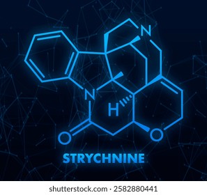 Glowing strychnine molecule forming chemical bonds on dark background