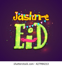 El brillante y elegante texto Jashn-e-Eid sobre el brillante fondo morado con cintas y banderas de partidos para la celebración del Festival de la Comunidad Musulmana.