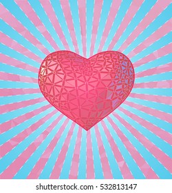 Glowing stylize triangular pink symbol heart with blue and pink shining and polygonal BG