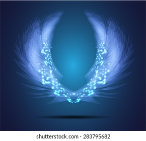 glowing, stylized angel wings on a blue background. vector