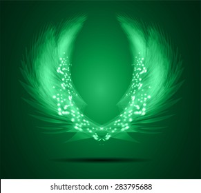 glowing, stylized angel wings on a green background. vector
