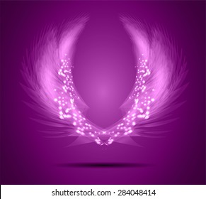 glowing, stylized angel wings on a purple background. vector