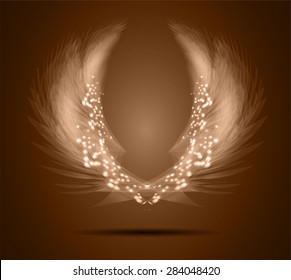 glowing, stylized angel wings on a brown background. vector
