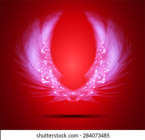 glowing, stylized angel wings on a red background. vector