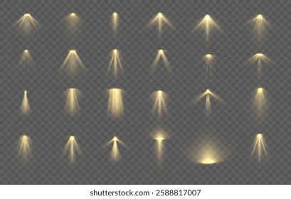 Glowing Sun Flare with Yellow Light and Soft Shine Effect, Transparent Background, Bright Spotlight Beam, Stage Illumination, Gold Ray Reflection, Projector Lamp Glow, Sunbeam Effect, Abstract Lightin