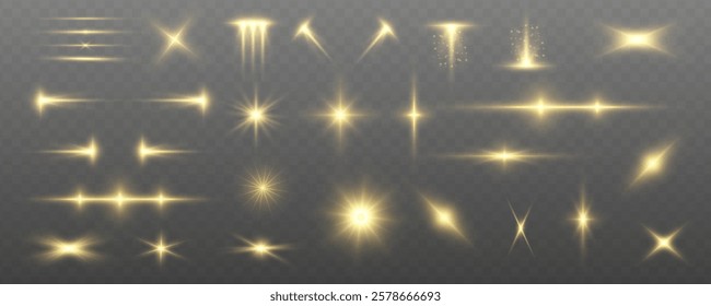 Glowing sun flash with golden rays, spotlight effect, and sparkling bokeh. Vector golden flares on transparent background.	