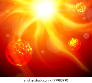 Glowing sun with planets, fictional vector background.