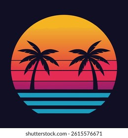 A glowing sun setting behind a row of palm trees