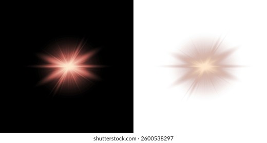 glowing sunlight flare effect with bright beams, starlight rays, and sparkling explosions. Perfect for sunrise visuals, energy bursts, lens flare overlays, and magical light effects. Vector illustrati