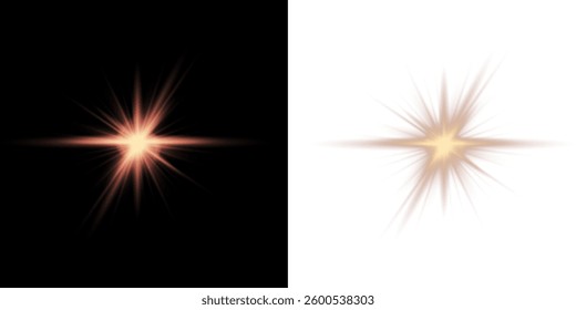 glowing sunlight flare effect with bright beams, starlight rays, and sparkling explosions. Perfect for sunrise visuals, energy bursts, lens flare overlays, and magical light effects. Vector illustrati