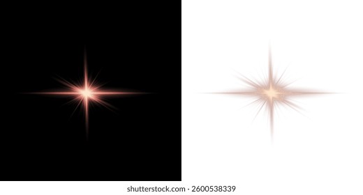 glowing sunlight flare effect with bright beams, starlight rays, and sparkling explosions. Perfect for sunrise visuals, energy bursts, lens flare overlays, and magical light effects. Vector illustrati