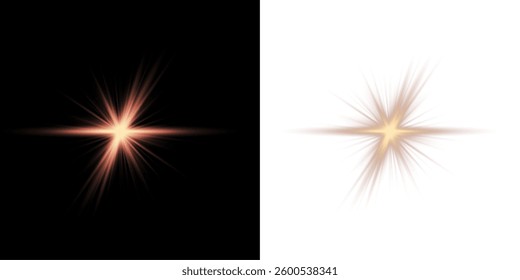 glowing sunlight flare effect with bright beams, starlight rays, and sparkling explosions. Perfect for sunrise visuals, energy bursts, lens flare overlays, and magical light effects. Vector illustrati