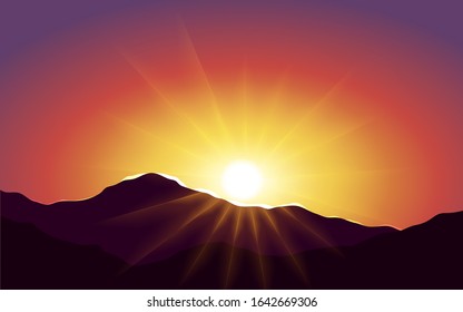 Glowing sunset on mountain with sunbeam