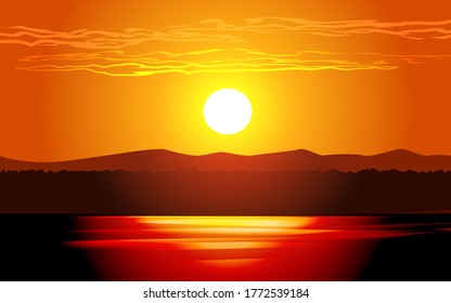 Glowing Sunset Over Lake Hills Stock Vector Royalty Free Shutterstock