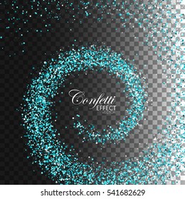 Glowing swirl of blue confetti particles and stars. Festive trail isolated on transparent checkered background. Spiral stream of star glitters. Decoration confetti element for fashion glamour design.