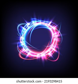 Glowing swirl light effect. Futuristic flame swirl universe trail effect. Magic frame ring. Power energy of circular element. Luminous sci-fi. Shining blue and red neon lights cosmic